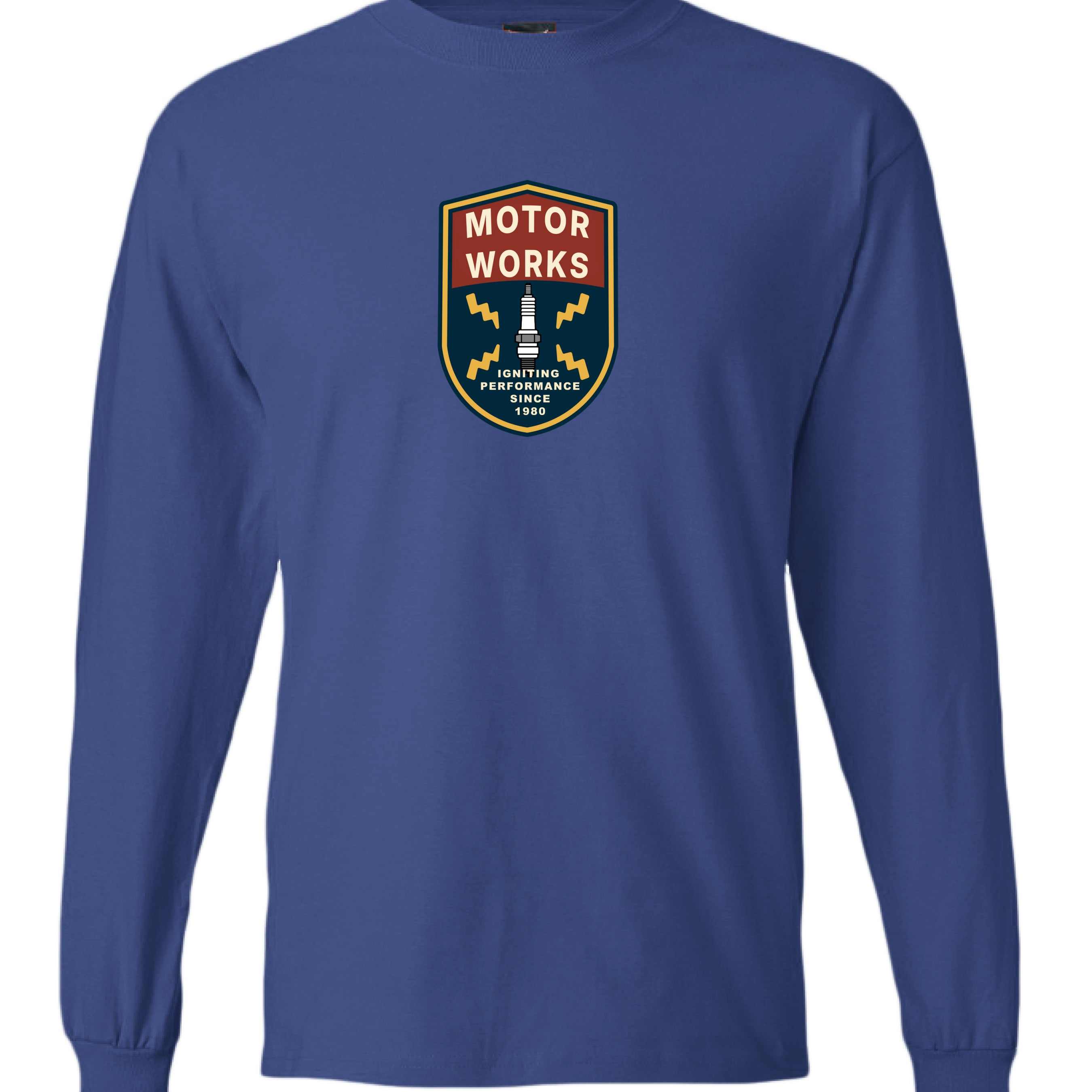 Motor Works long sleeve t-shirt for car lovers with retro garage style logo on blue cotton fabric