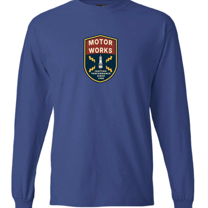 Motor Works long sleeve t-shirt for car lovers with retro garage style logo on blue cotton fabric