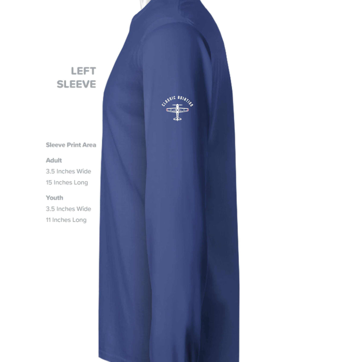 Motor Works long sleeve T-Shirt in blue with classic aviation print on left sleeve for car lovers.