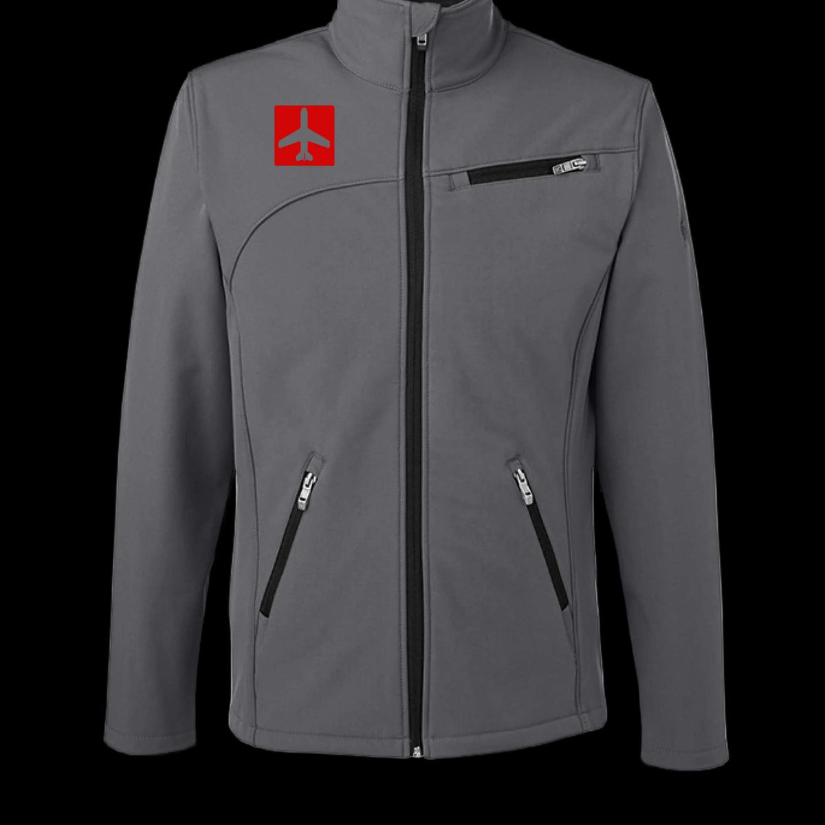 Gray jacket with a red logo on a white background
