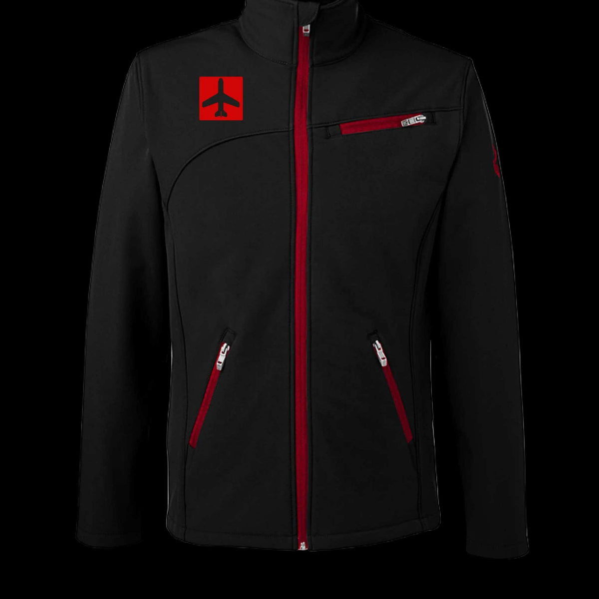 Black jacket with red accents and a logo on a white background