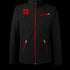 Black jacket with red accents and a logo on a white background