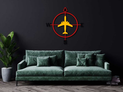 Multicolor aviation compass metal wall art above green sofa in modern living room