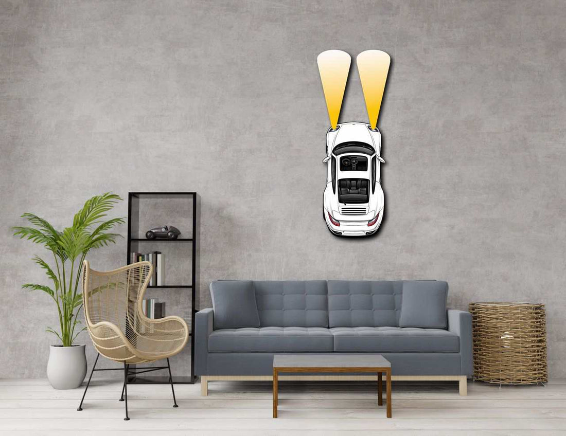 PCAR Headlights White metal wall art with car and yellow headlights in modern living room setting