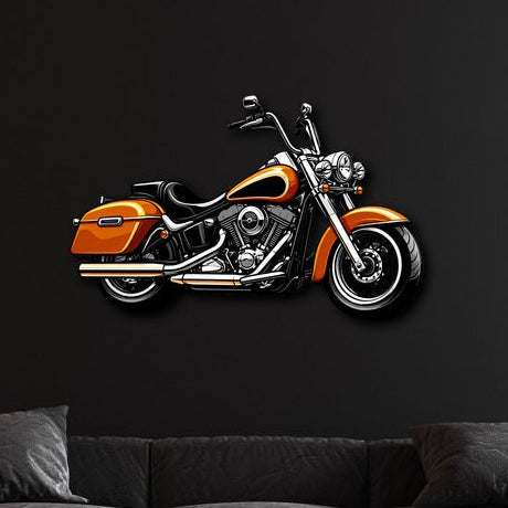 Motorcycle metal wall art in orange and black, durable steel decor for indoor and outdoor use.