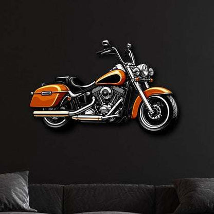 Motorcycle metal wall art in orange and black, durable steel decor for indoor and outdoor use.