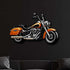Motorcycle metal wall art in orange and black, durable steel decor for indoor and outdoor use.