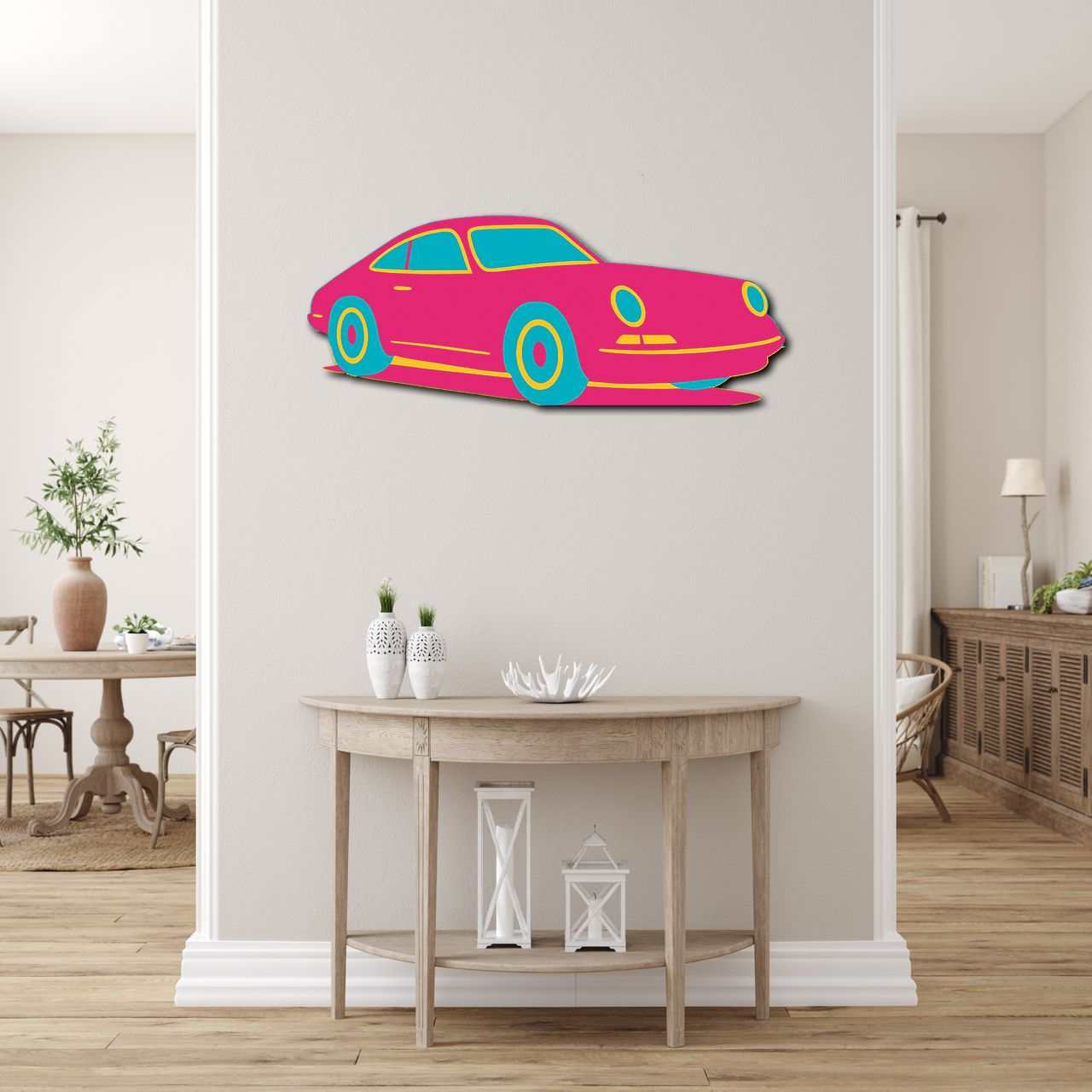Multicolor metal sign of a sports car wall art for indoor and outdoor decor
