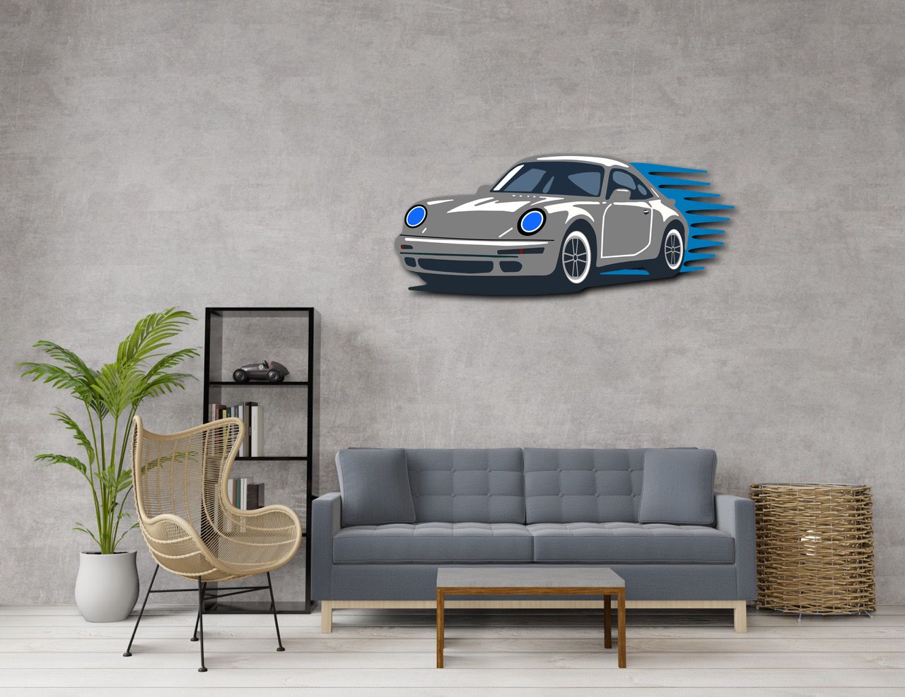 Minimalist multicolor steel coupe silhouette garage wall decor above modern living room sofa