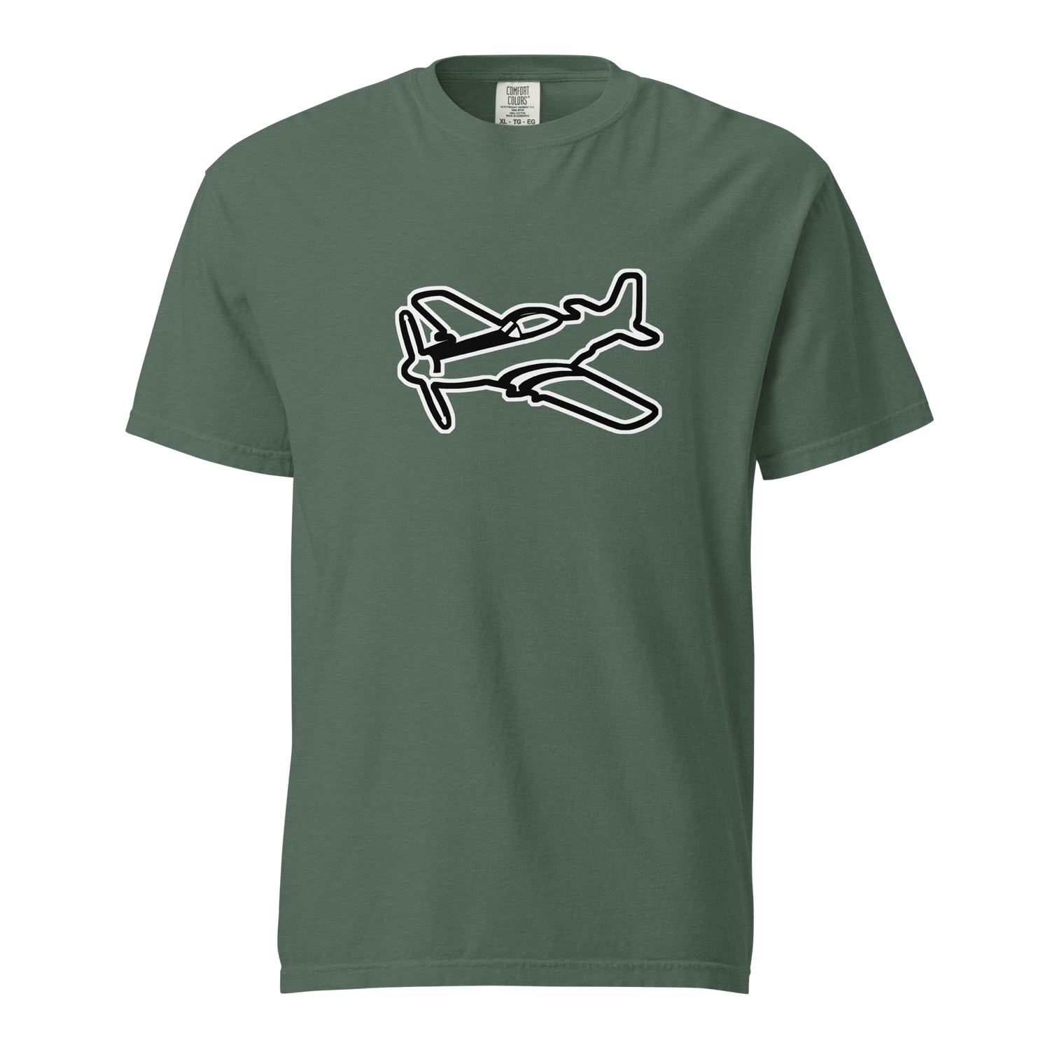 P51 Black and White unisex olive green heavyweight cotton t-shirt with black and white airplane graphic