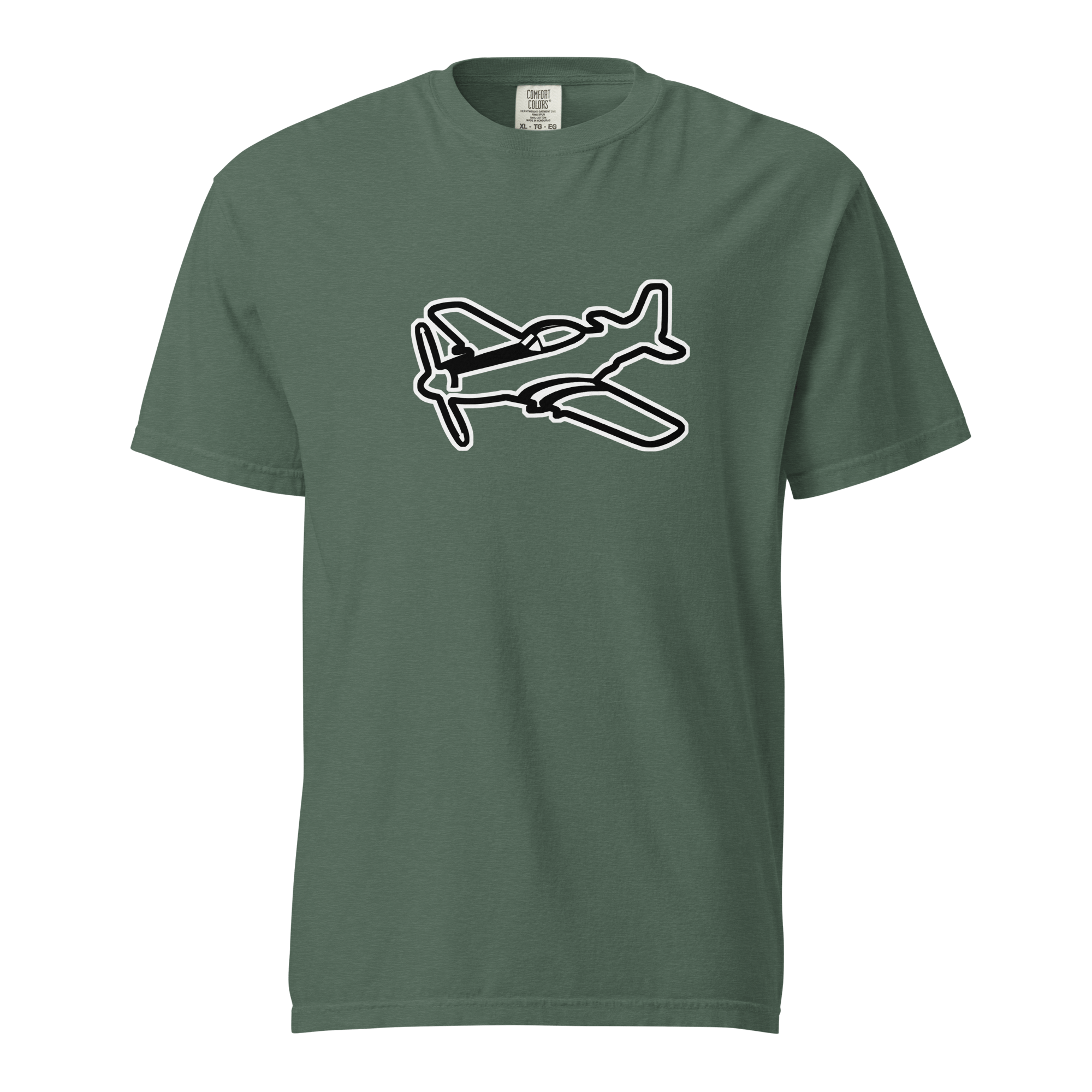 P51 Black and White unisex olive green heavyweight cotton t-shirt with black and white airplane graphic