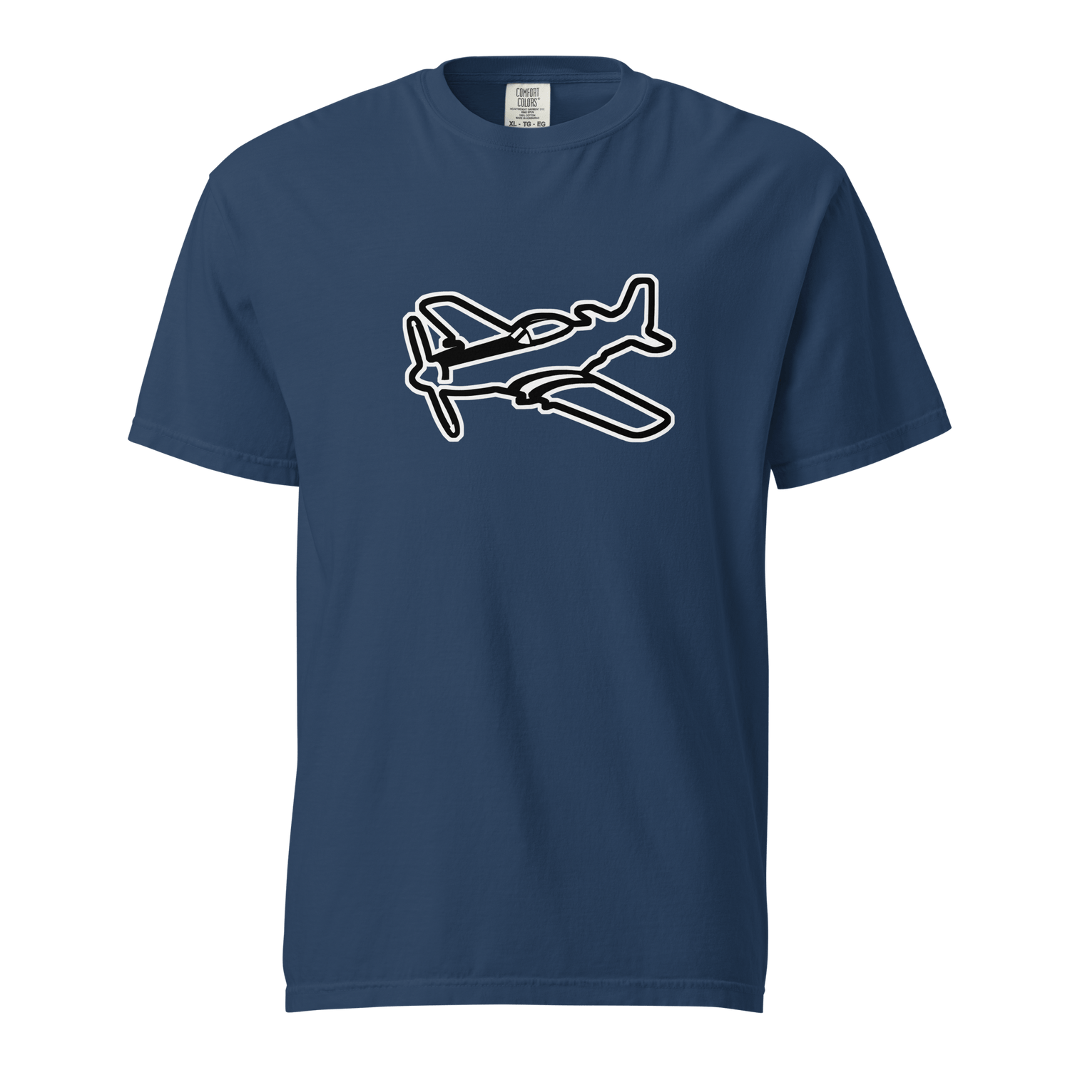 P51 Black and White unisex navy t-shirt with black and white airplane graphic, 100% ring-spun cotton, heavyweight breathable fabric