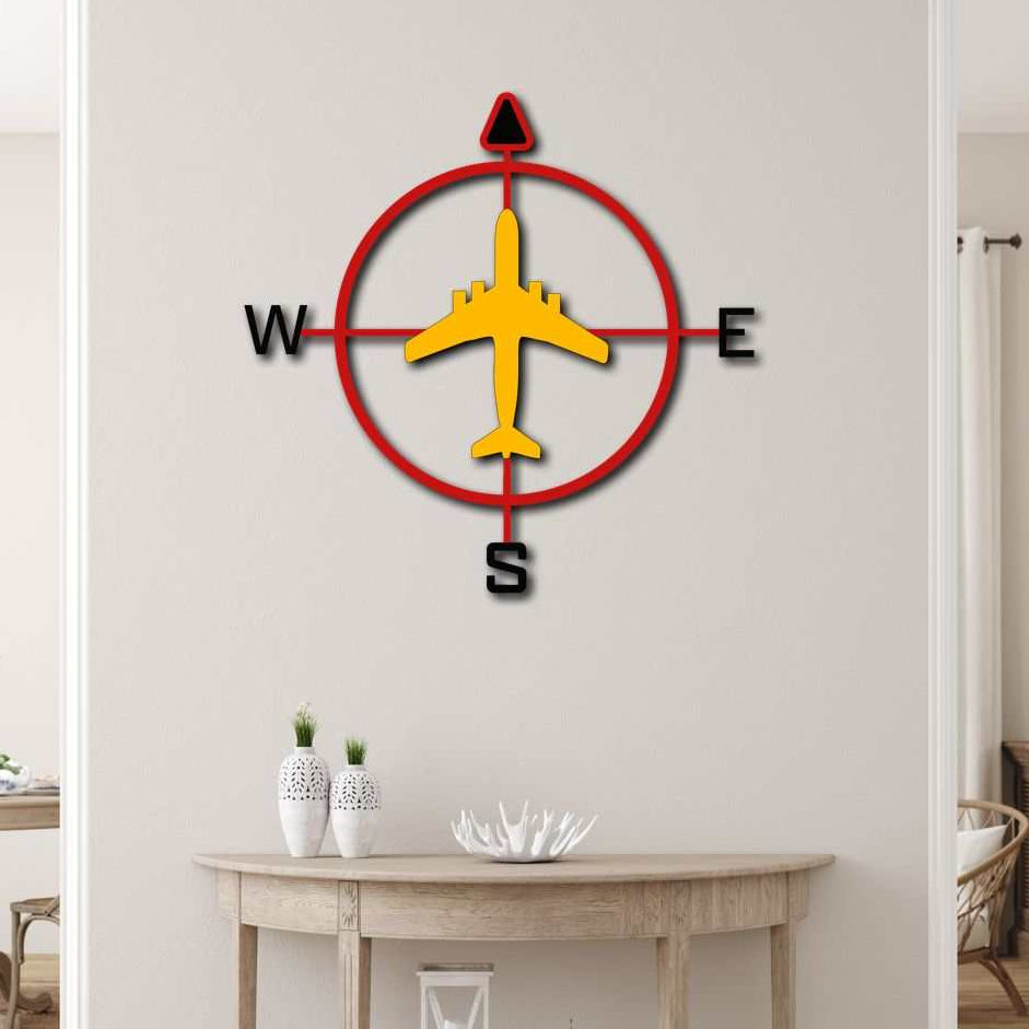 Aviation compass metal wall art with airplane design and multicolor powder-coated finish, durable indoor outdoor decor