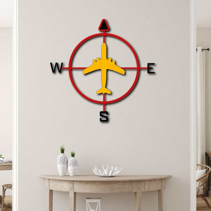 Multicolor metal Aviation Compass wall art in red and yellow, weather-resistant steel sign for indoor and outdoor decor