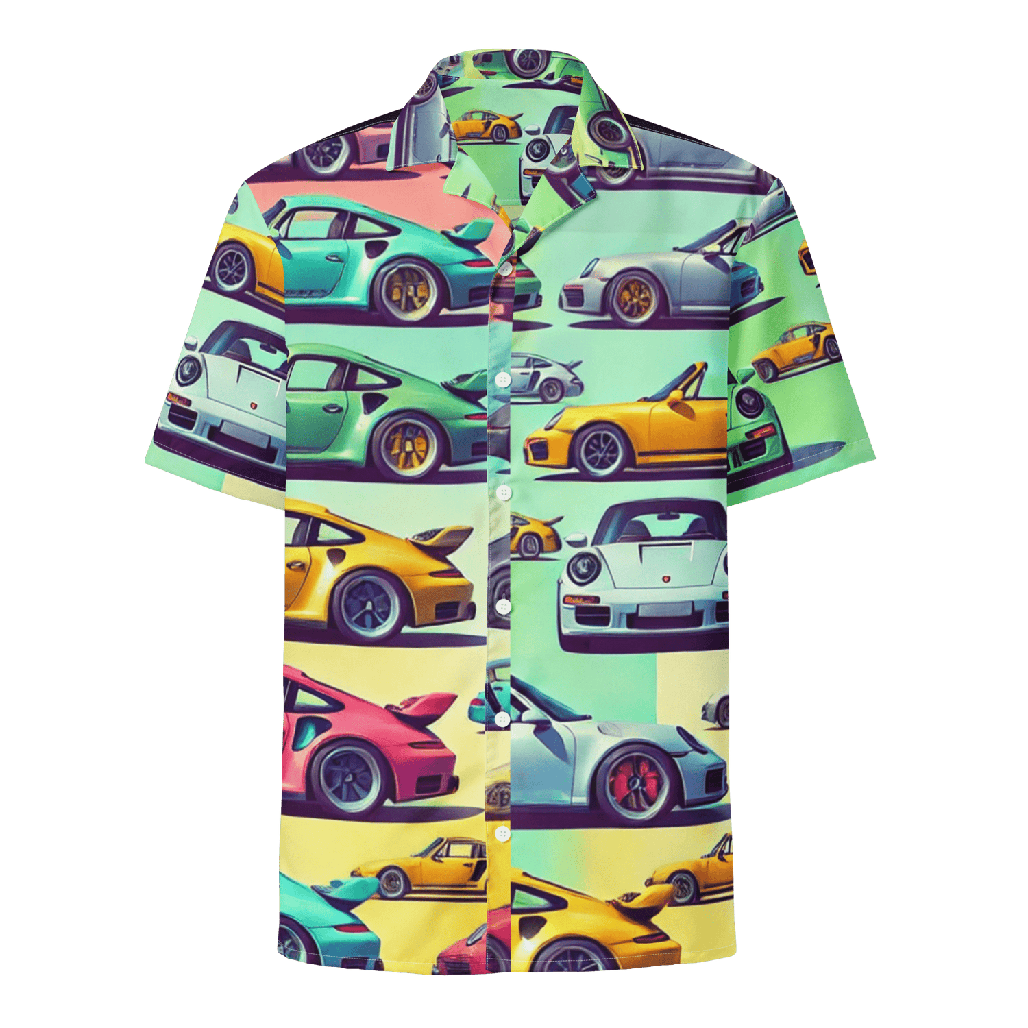 Colorful PCAR Button Ups shirt with car print, lightweight moisture-wicking fabric, oversized fit, and UPF50+ protection.