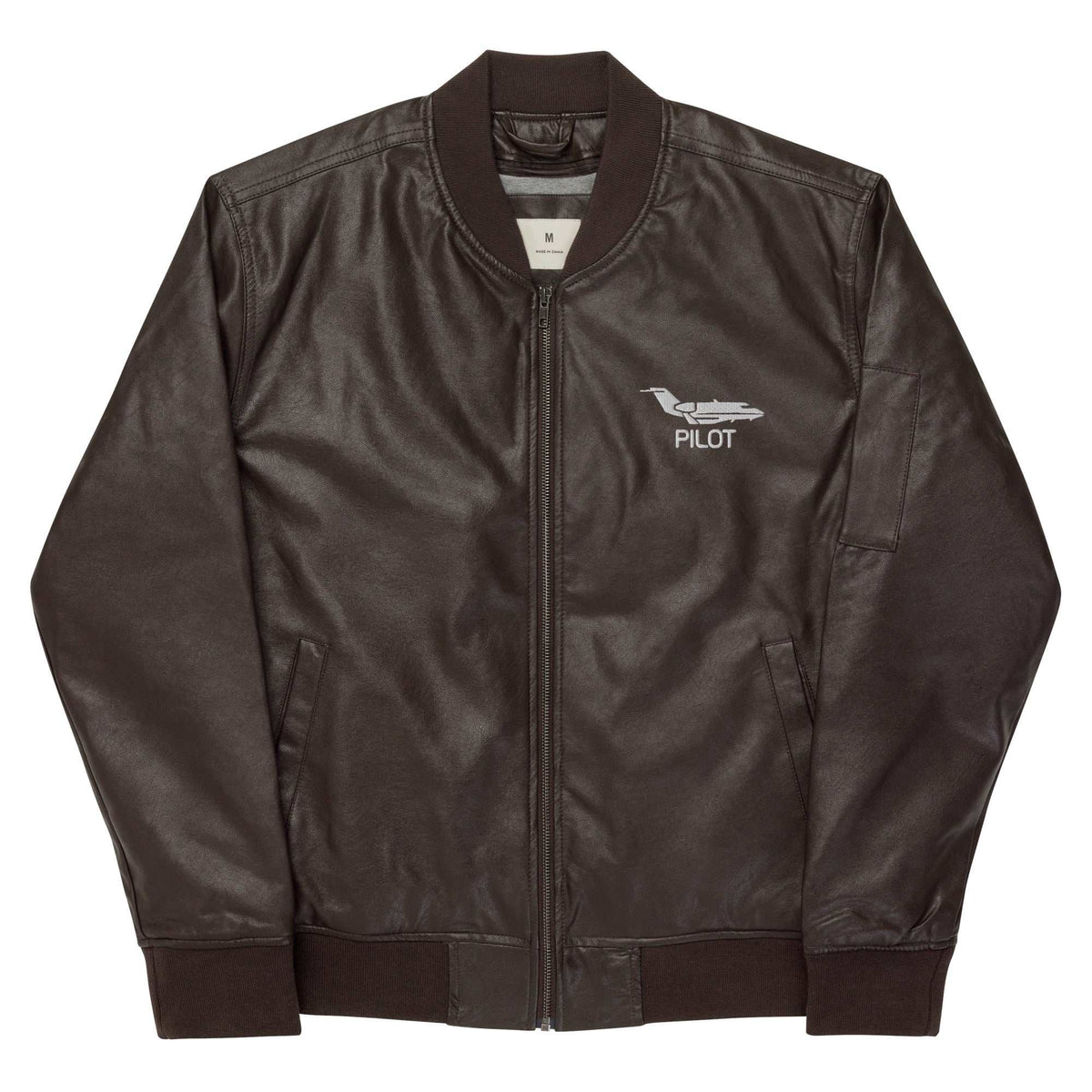 Men's brown PU leather bomber jacket with rib-knit collar, cuffs, and hem, featuring pilot logo embroidery and side pockets.