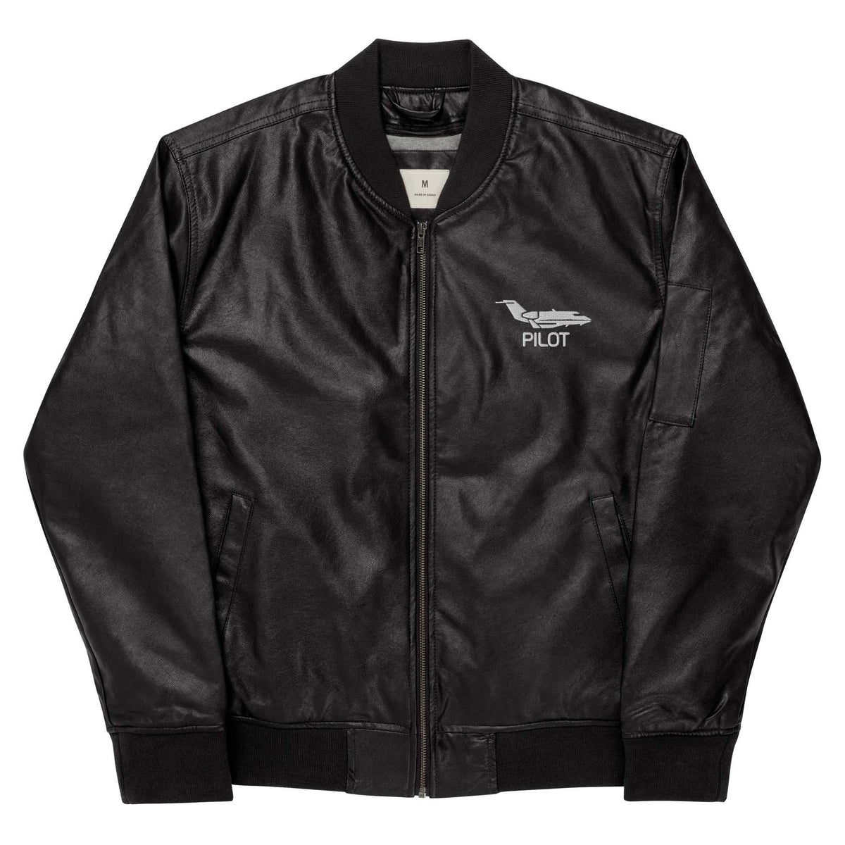 Black PILOT leather bomber jacket with rib-knit collar, cuffs, hem, side and sleeve utility pockets, and front zipper closure.