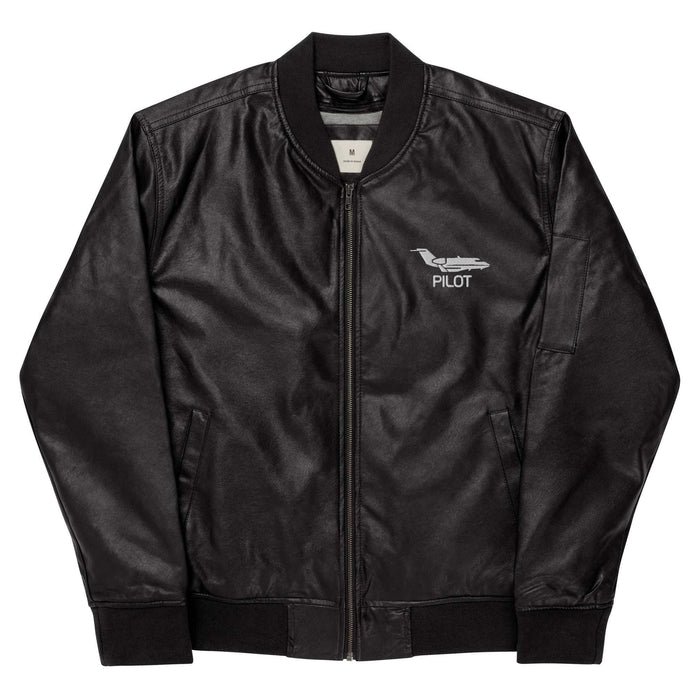 Black PILOT leather bomber jacket with rib-knit collar, cuffs, hem, side and sleeve utility pockets, and front zipper closure.