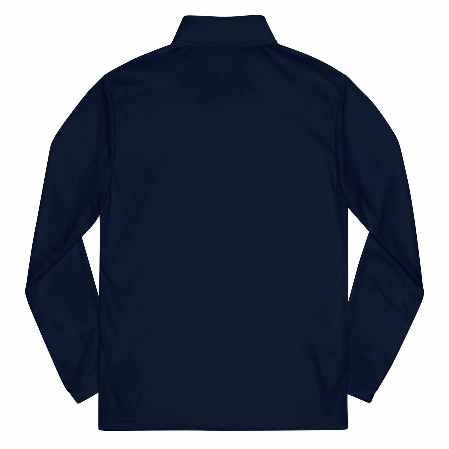 Back view of navy blue Pilot Quarter zip pullover made of lightweight recycled polyester with self-mock collar and long sleeves
