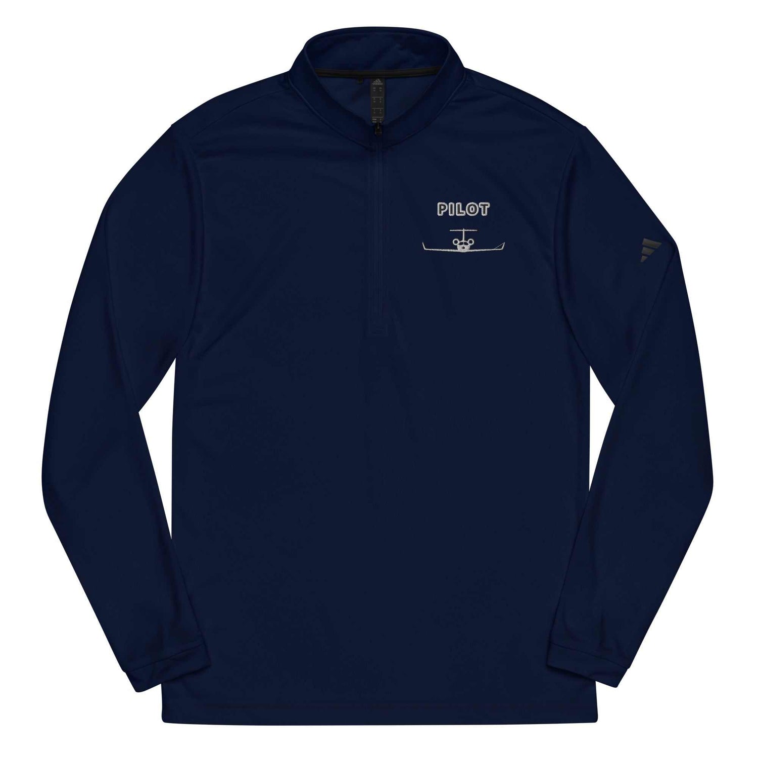 navy blue Pilot Quarter zip pullover with self-mock collar and UPF 50+ protection