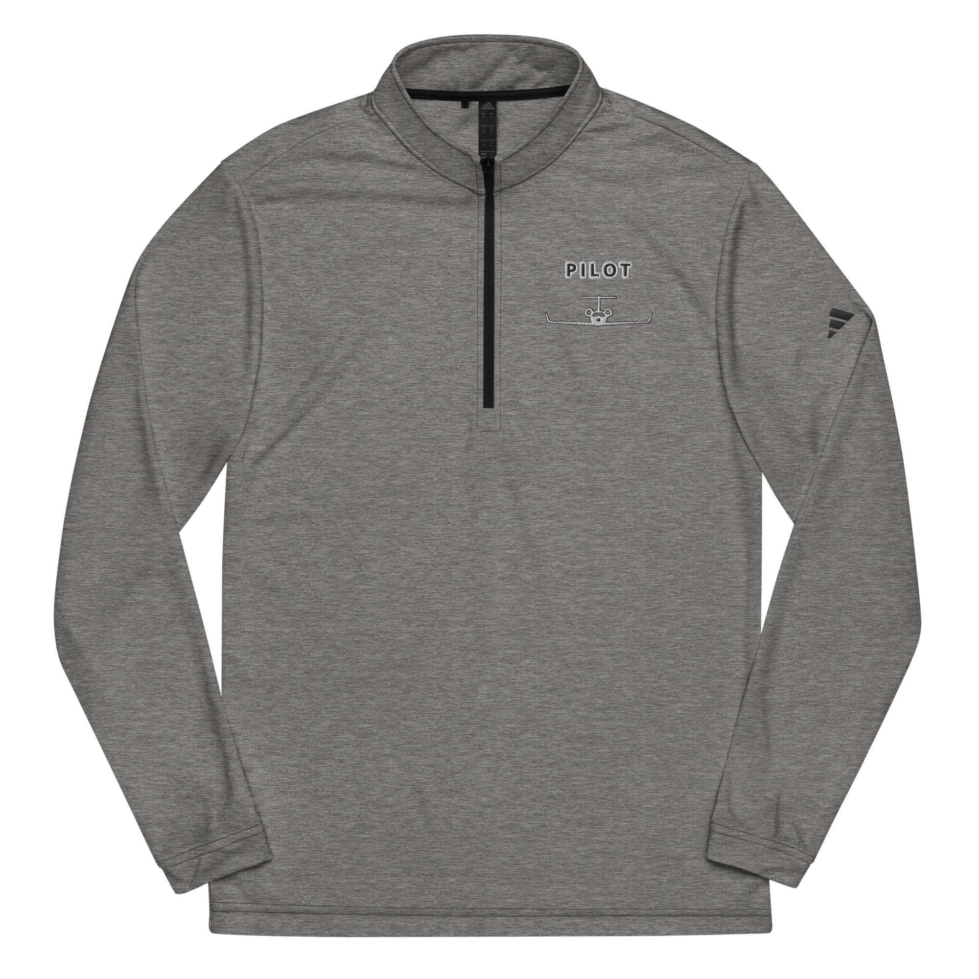 Gray Pilot Quarter zip pullover with self-mock collar, lightweight breathable fabric, and contrast Adidas logo on sleeve