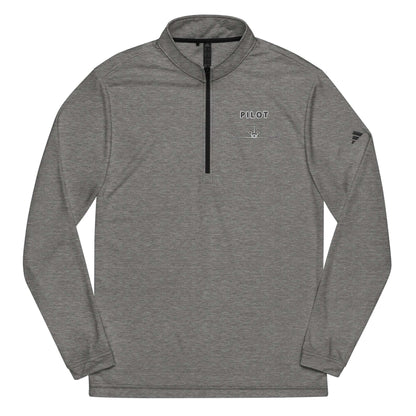 Gray Pilot Quarter zip pullover with self-mock collar, lightweight breathable fabric, and contrast Adidas logo on sleeve
