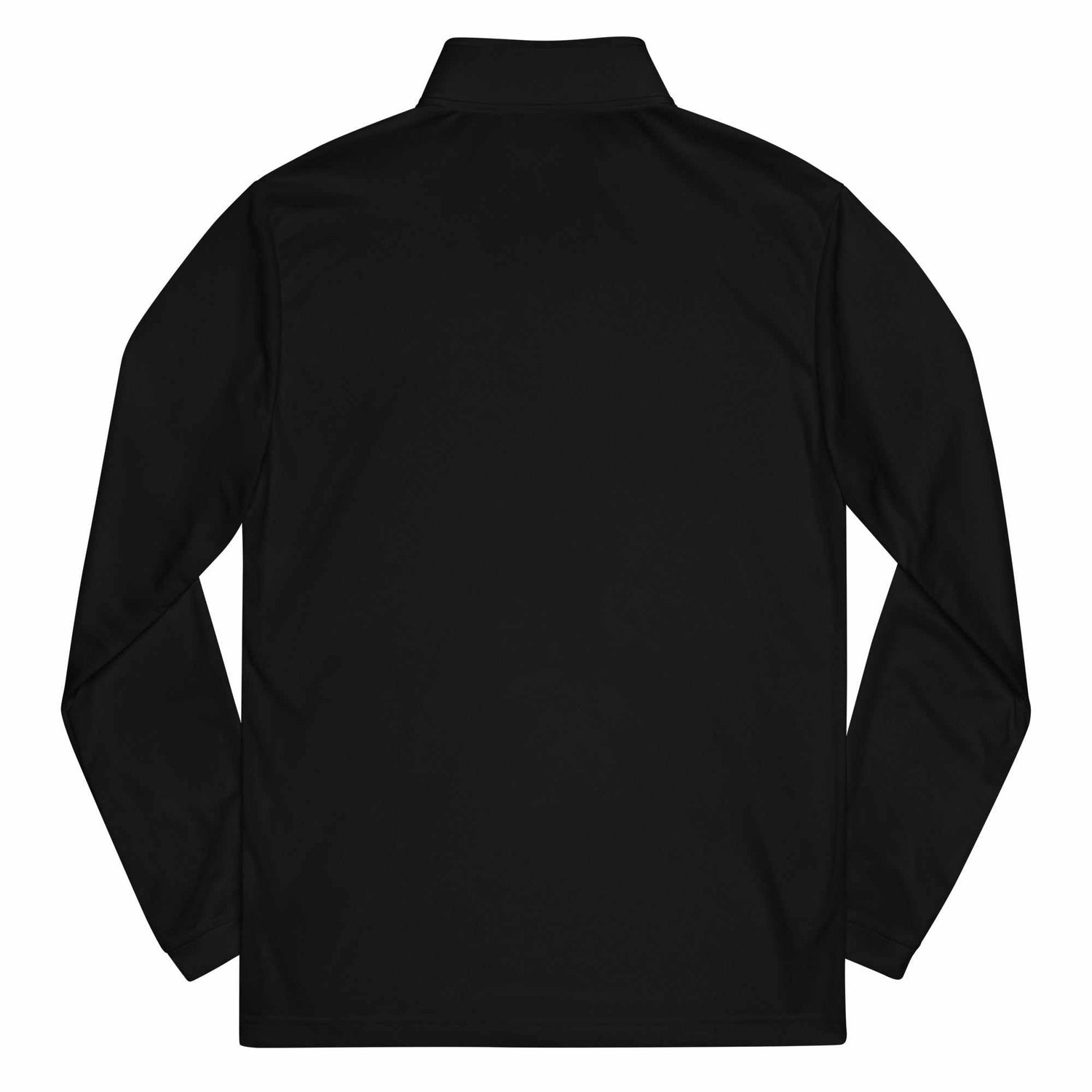 Back view of black Pilot Quarter zip pullover with long sleeves and self-mock collar made from recycled polyester.