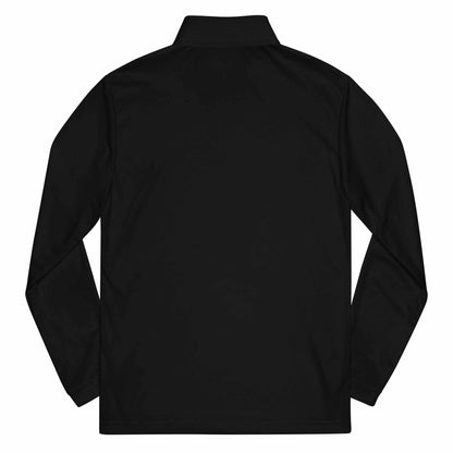 Back view of black Pilot Quarter zip pullover with long sleeves and self-mock collar made from recycled polyester.