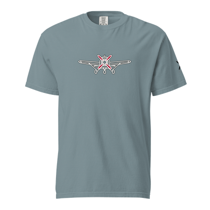 Plane 5 thick structured tee in blue with front airplane graphic, made of 100% ring-spun cotton, relaxed fit, and durable double-needle stitching