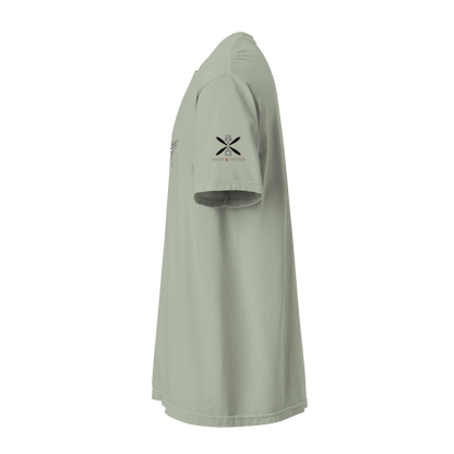 Side view of Plane 5 thick structured tee in light grey, made of 100% ring-spun cotton with a relaxed fit and garment-dyed finish.