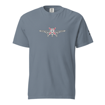 Plane 5 thick structured tee in blue with airplane graphic, 100% ring-spun cotton, heavyweight, garment-dyed, relaxed fit