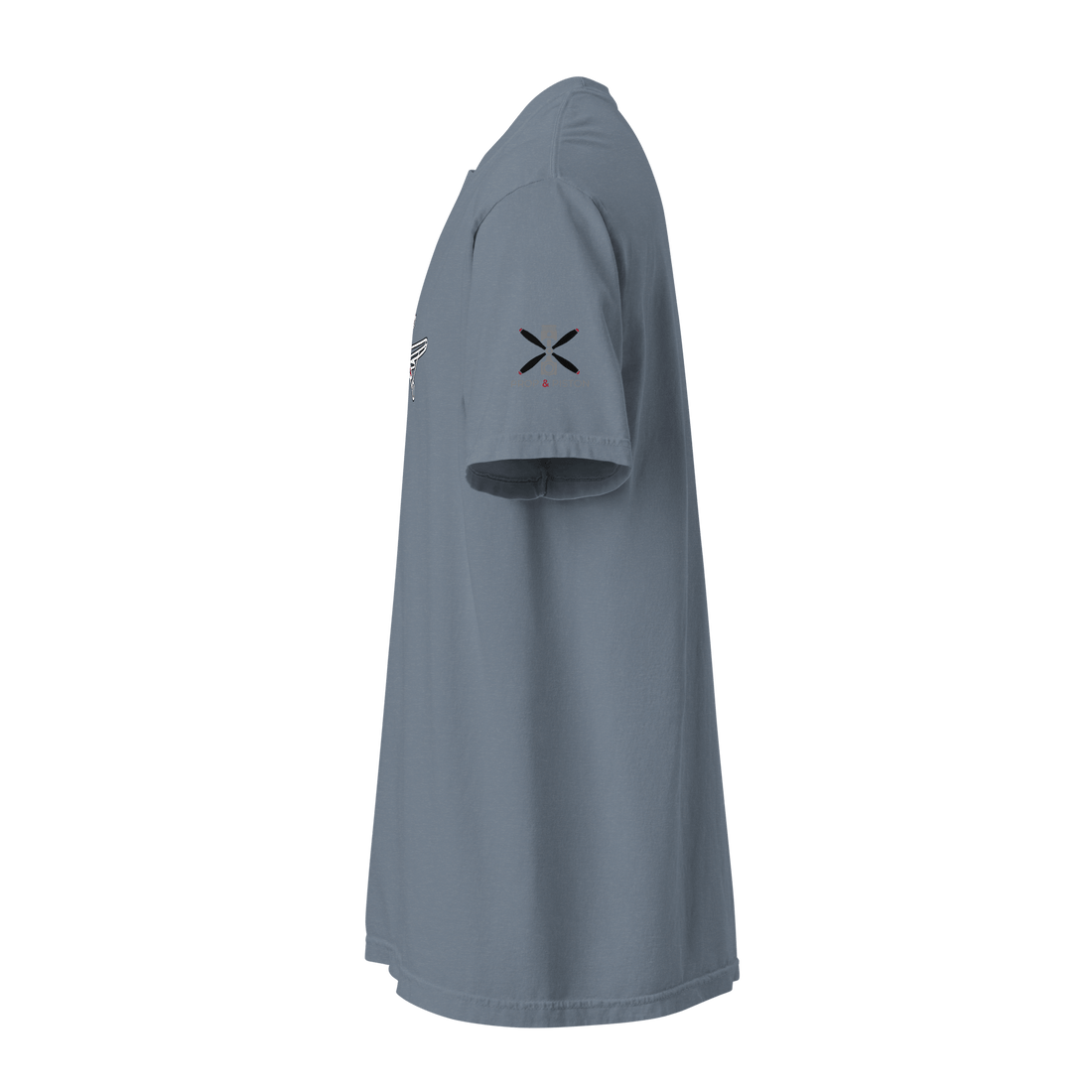 Side view of Plane 5 thick structured tee in blue, unisex heavyweight cotton with relaxed fit and durable stitching