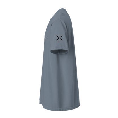 Side view of Plane 5 thick structured tee in blue, unisex heavyweight cotton with relaxed fit and durable stitching