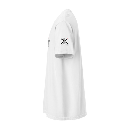 White Plane 5 thick structured tee with logo on sleeve, made of 100% ring-spun cotton, heavyweight and breathable, relaxed fit, durable stitching.