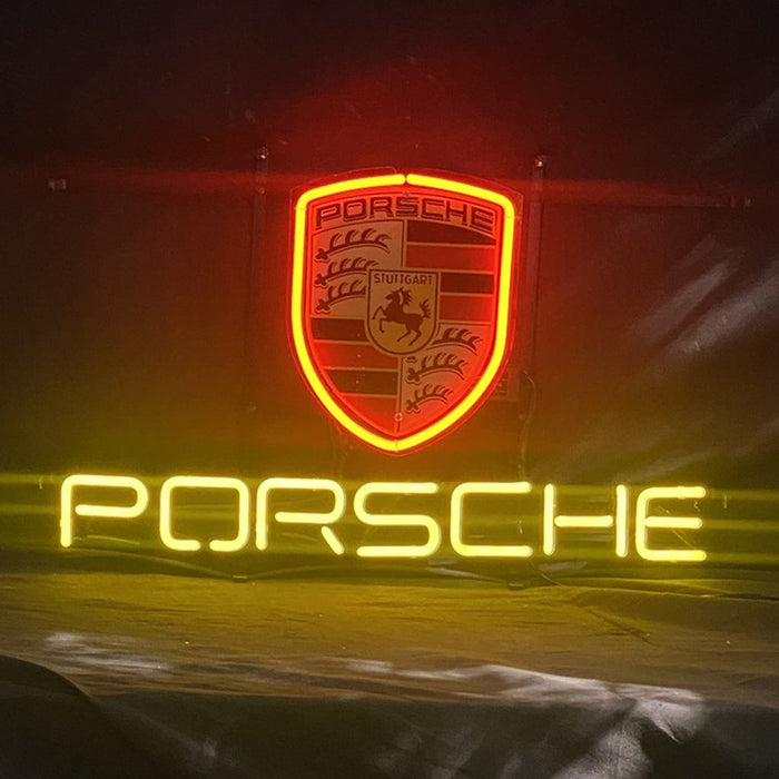 Porsche neon sign light with glass tube and metal grid backing for indoor use