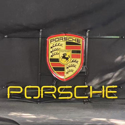 Porsche neon sign light with glass tube and metal grid backing, ideal for indoor decor and parties