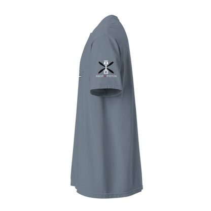 Side view of a Private Jet branded unisex heavyweight ring-spun cotton t-shirt in muted blue with short sleeves and durable stitched details