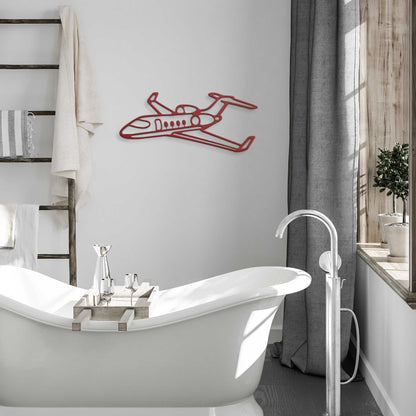 Elegant metal sign of a red private jet wall decor above a white bathtub in a modern bathroom