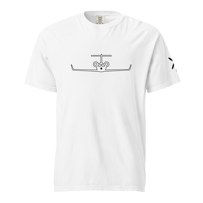 White unisex heavyweight cotton t-shirt with minimalist private jet graphic on front and durable stitching details