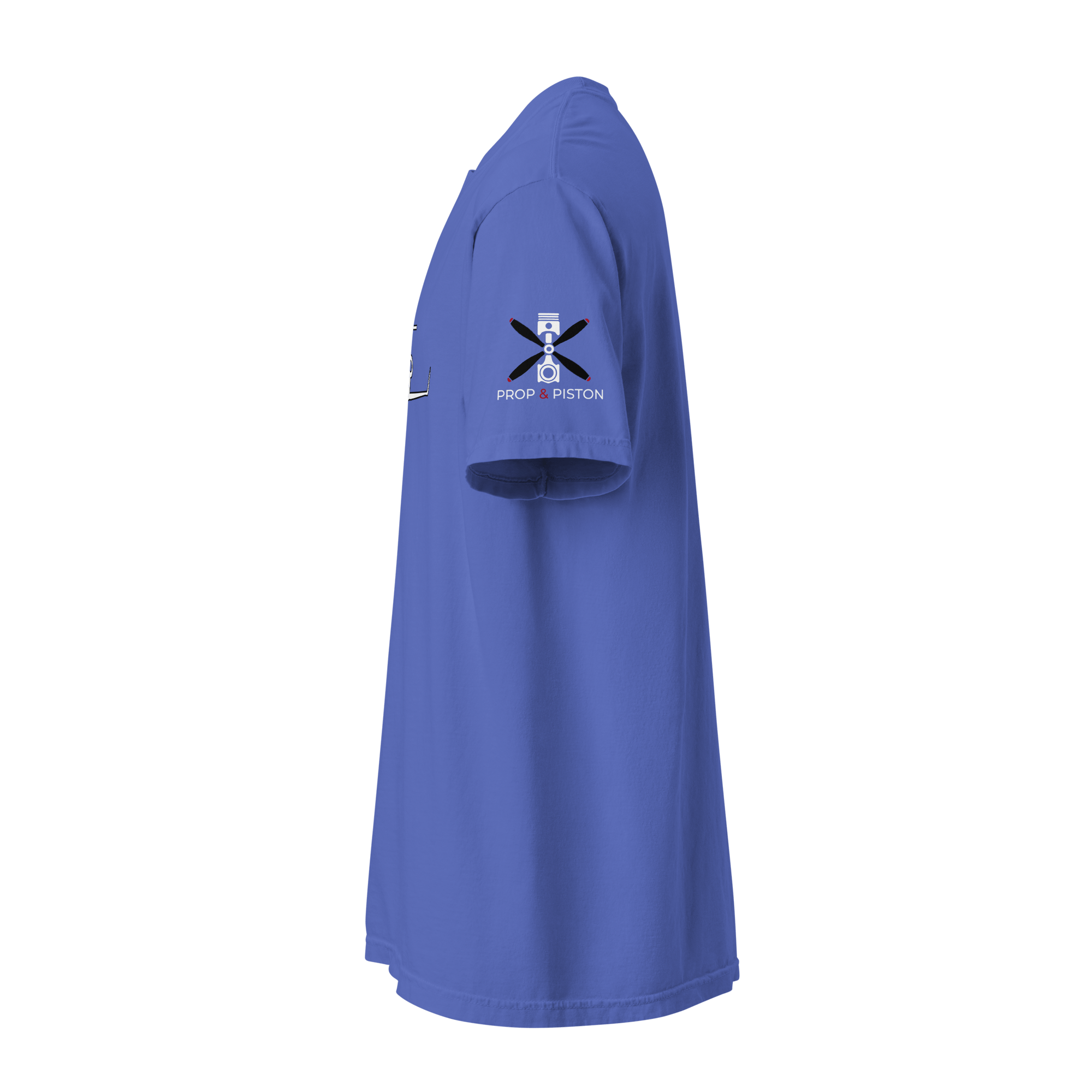 Side view of blue Private Jet heavyweight unisex t-shirt with Prop &amp; Piston logo on sleeve