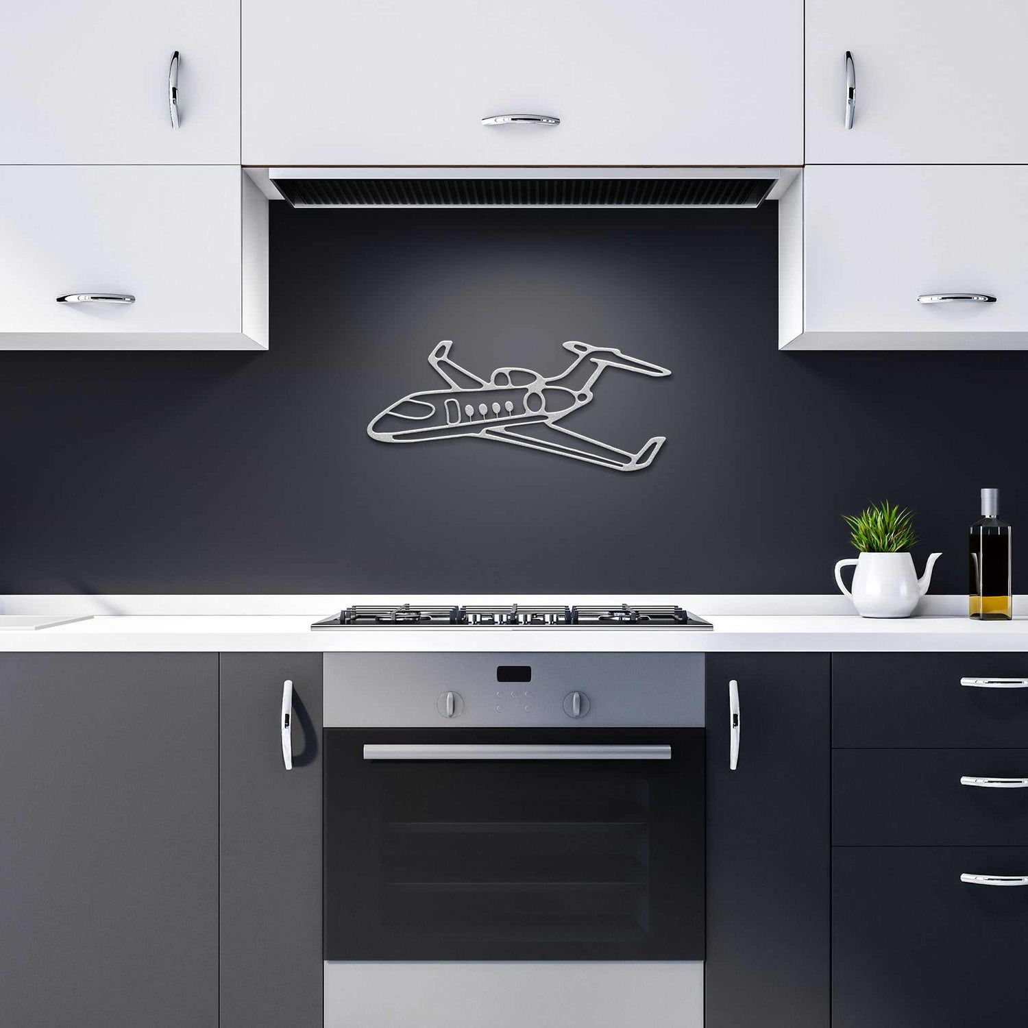 Elegant metal sign shaped like a private jet aircraft mounted on a modern kitchen wall