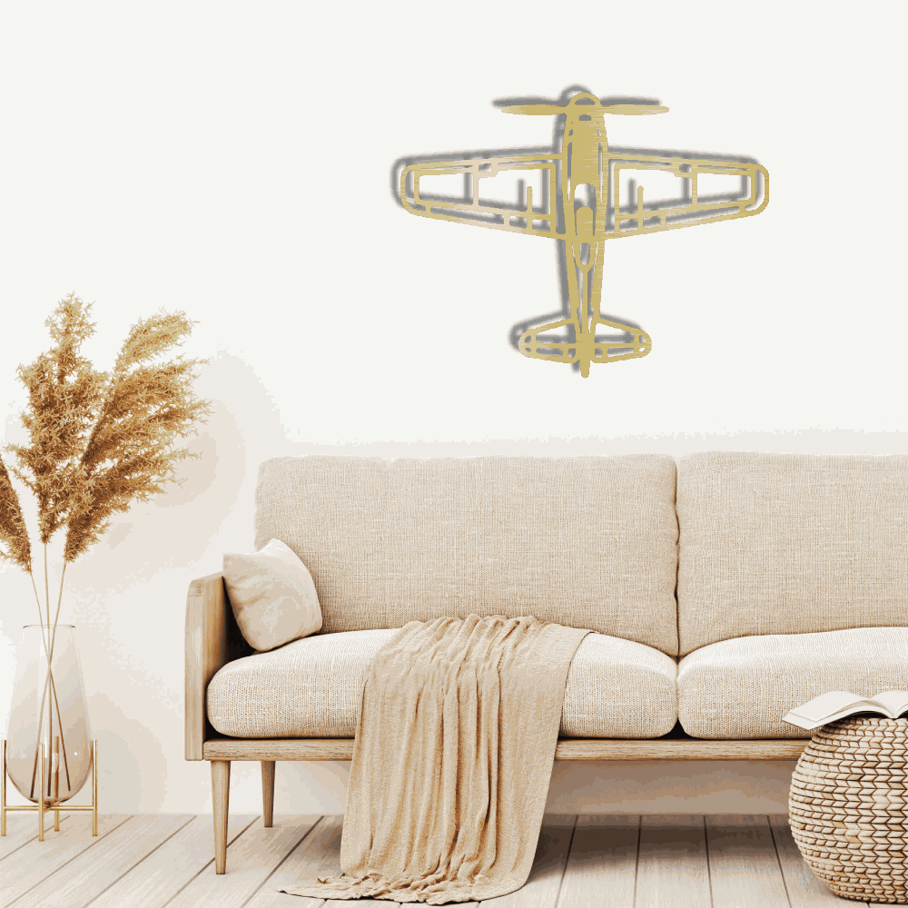 rustic airplane metal art wall decor with retro aviation design above beige sofa in modern living room
