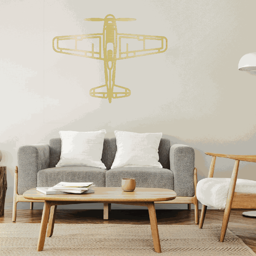 Retro airplane metal art wall decor above sofa in modern living room