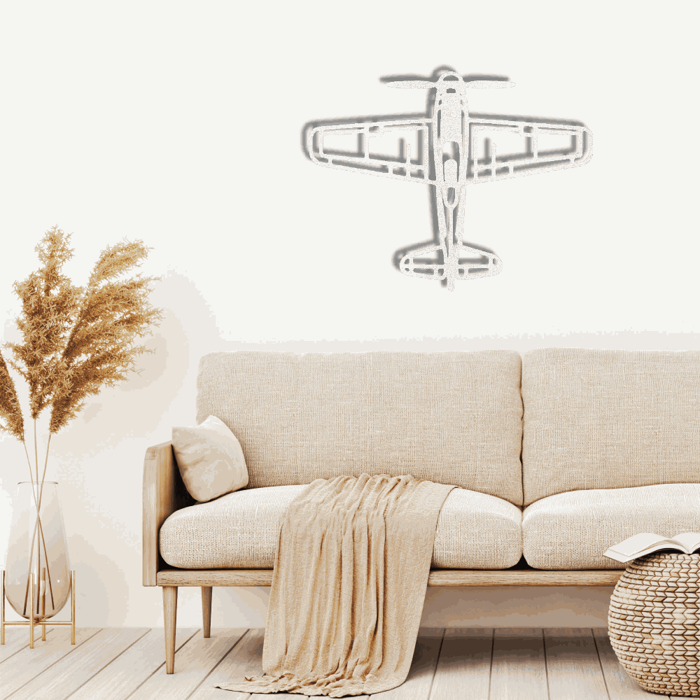 Retro airplane metal art wall decoration in modern living room with beige sofa and natural decor elements