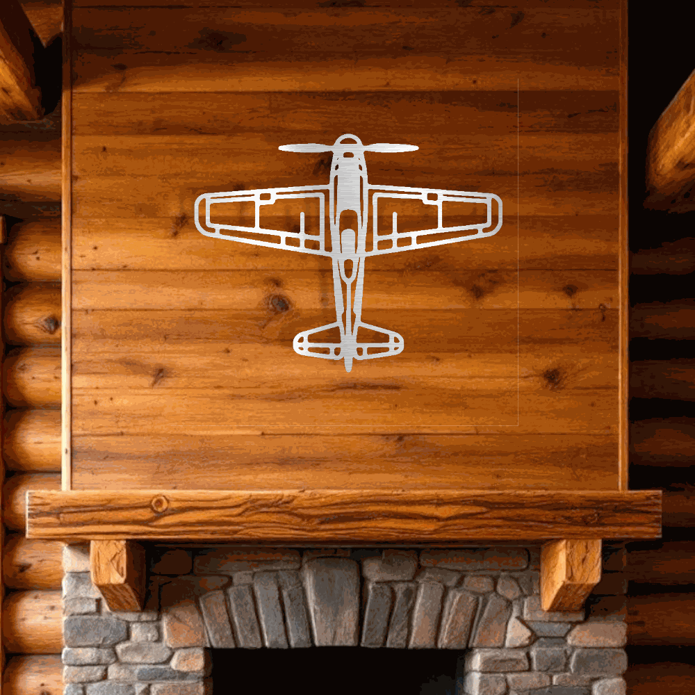 retro airplane metal art wall decoration above rustic wood and stone fireplace