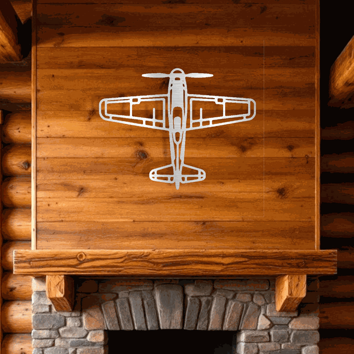retro airplane metal art wall decoration above rustic wood and stone fireplace