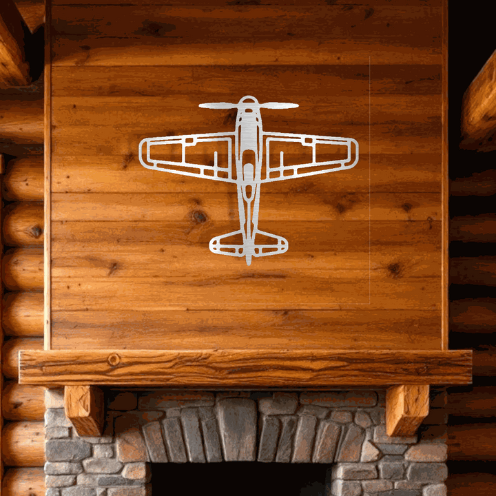 retro airplane metal art wall decoration above rustic wood and stone fireplace
