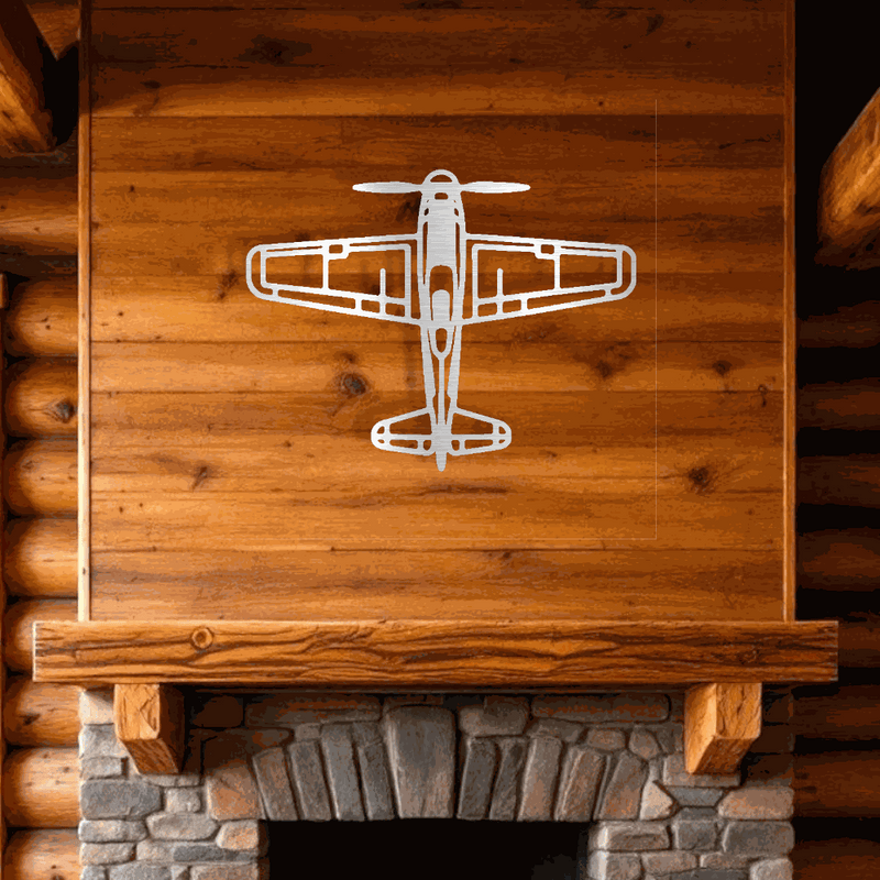 Retro airplane metal wall art displayed above a rustic wood and stone fireplace