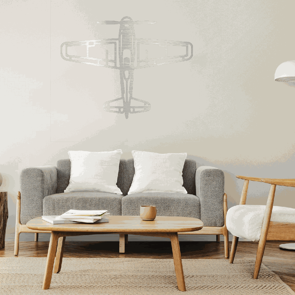 rustic airplane metal art wall decor in modern living room with sofa and wooden furniture