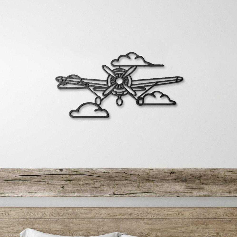 Vintage aviation metal wall art featuring a laser-cut airplane propeller and clouds for pilots and flight enthusiasts